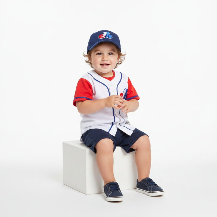 Child wearing an official Montreal Expos Baseball Toddler Kids Cap with Baseball uniform and sitting on a white block