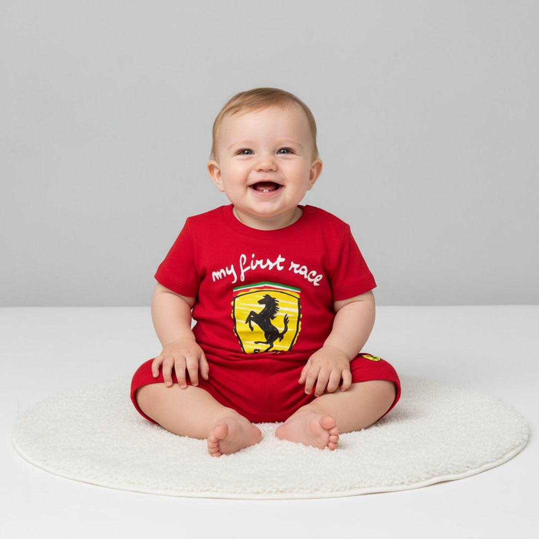 Scuderia Ferrari F1 Team 'My First Race' Large Logo Shield Infant Baby T-Shirt for Infant Newborn Toddler Boys and Girls - Red