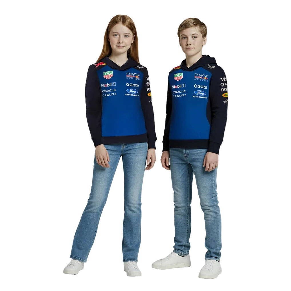 Two kids wearing matching blue and night sky bouw Oracle Red Bull Racing 2026 Team Children Youth Kids Bouys and Gilrs Hoodie with various logos on a white background