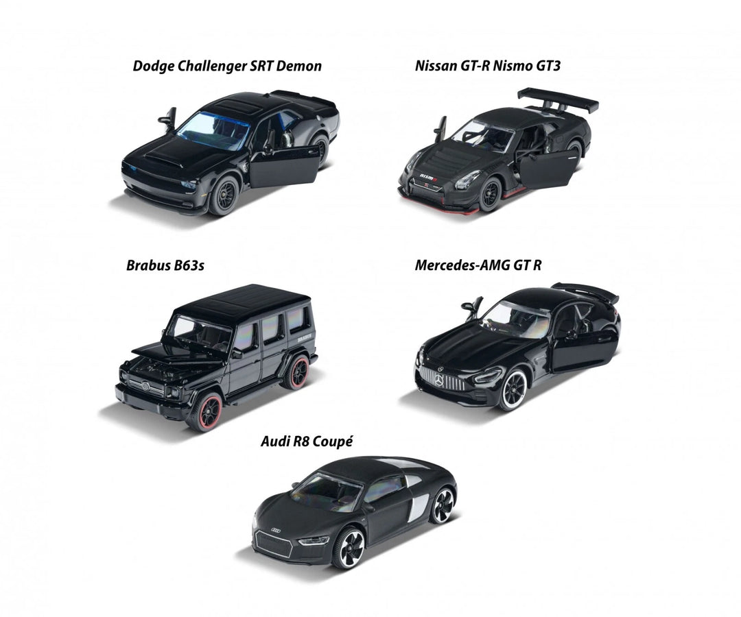 Collection of black 1:64 Majorette sports miniature model cars, including Dodge Challenger SRT Demon, Nissan GT-R Nismo GT3, Brabus B63S, Mercedes-AMG GT R, and Audi R8 Coupe, on a white background.