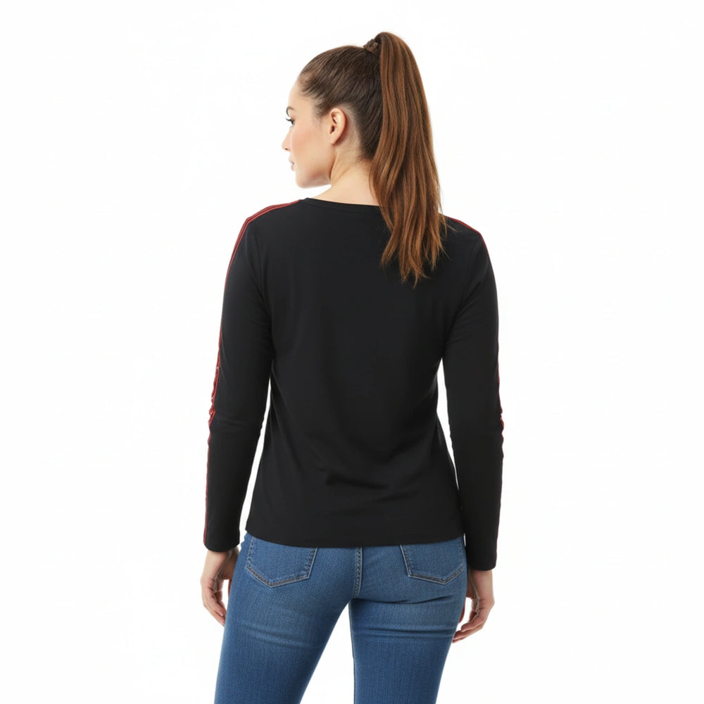 Back view of Scuderia Ferrari F1 women’s black 3/4 sleeve t-shirt with sleek modern fit