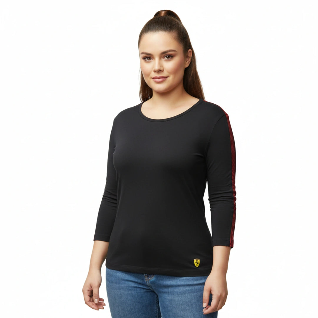Scuderia Ferrari F1 women’s black 3/4 sleeve t-shirt with red stripe sleeve detail and official Ferrari logo