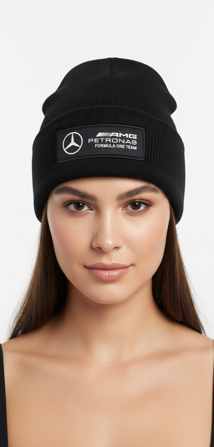 Woman wearing Mercedes AMG F1 beanie - front