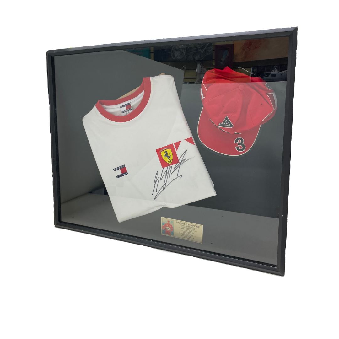 Schumacher Signed T-Shirt and Dekra #3 Ferrari F1 Team Memorabilia Frame Memorabilia 