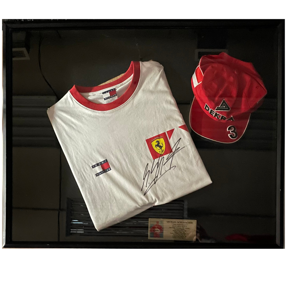 Michael Schumacher Signed T-Shirt and Dekra Nu,ber 3 Ferrari Cap Shadow Box Memorabilia 