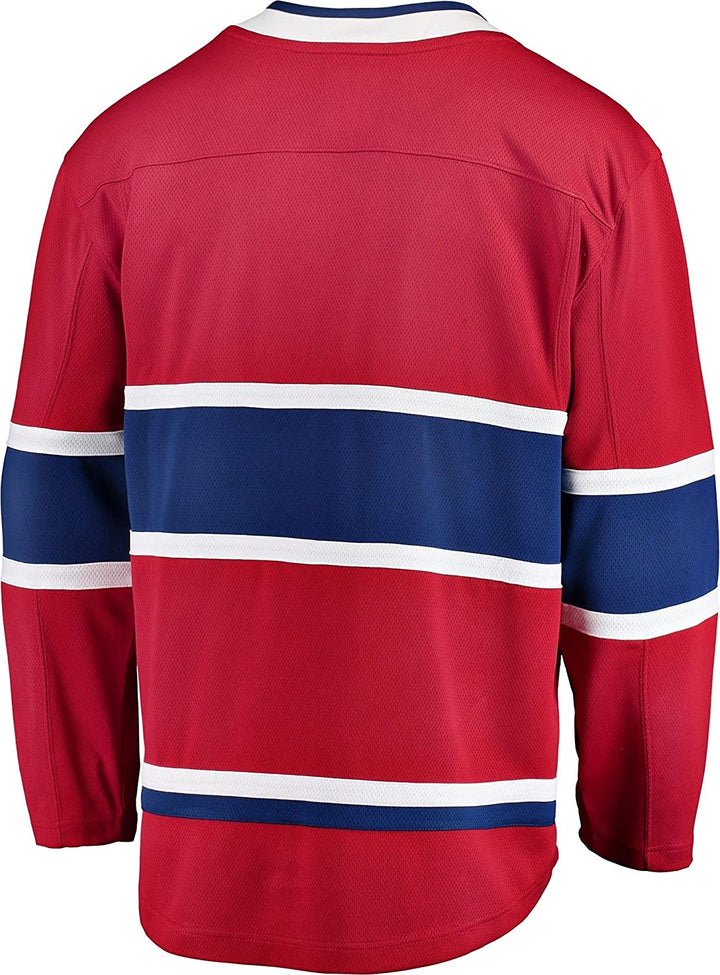 Chandail domicile rouge des Canadiens de Montréal Fanatics Breakaway pour hommes, montrant le logo embossé et les détails officiels de la LNH, conçu pour les partisans; chandail Canadiens de Montréal Fanatics Breakaway offrant confort et authenticité; chandail Canadiens de Montréal Fanatics Breakaway en polyester léger.