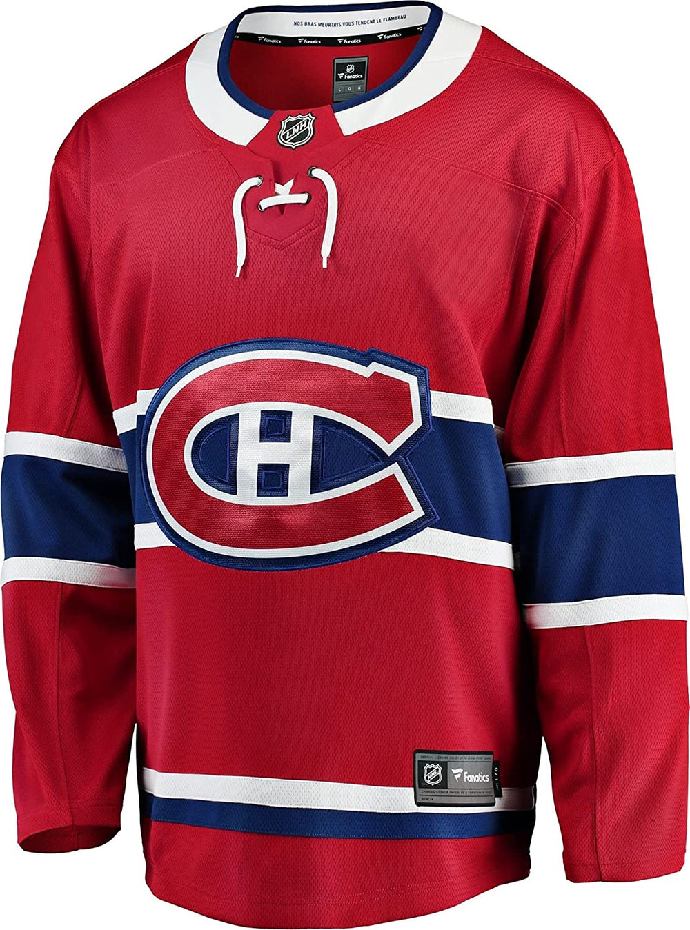 Men’s Montreal Canadiens Fanatics Breakaway Jersey in red home style, showing the detailed Canadiens crest and official NHL design on the Montreal Canadiens Fanatics Breakaway Jersey for authentic fan wear, featuring lightweight polyester construction typical of the Montreal Canadiens Fanatics Breakaway Jersey.